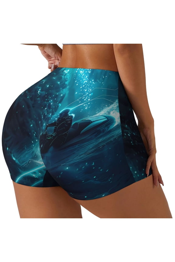 Futuristic Jet Ski Adventure Print Women's Biker Shorts,Workout Gym Shorts,Scrunch Shorts,Tummy Control Hidden Scrunch Running Yoga Shorts-Medium