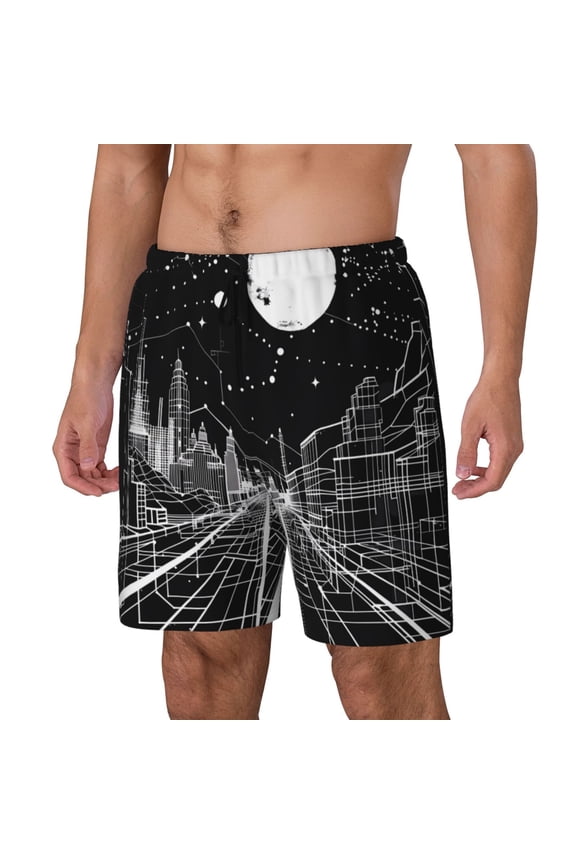 Futuristic Moonlit Cityscape Print Men's Swim Trunk,Quick Dry Board Shorts ,Men's Swim Trunks with Compression Liner, Bathing Suits with Pockets-Small