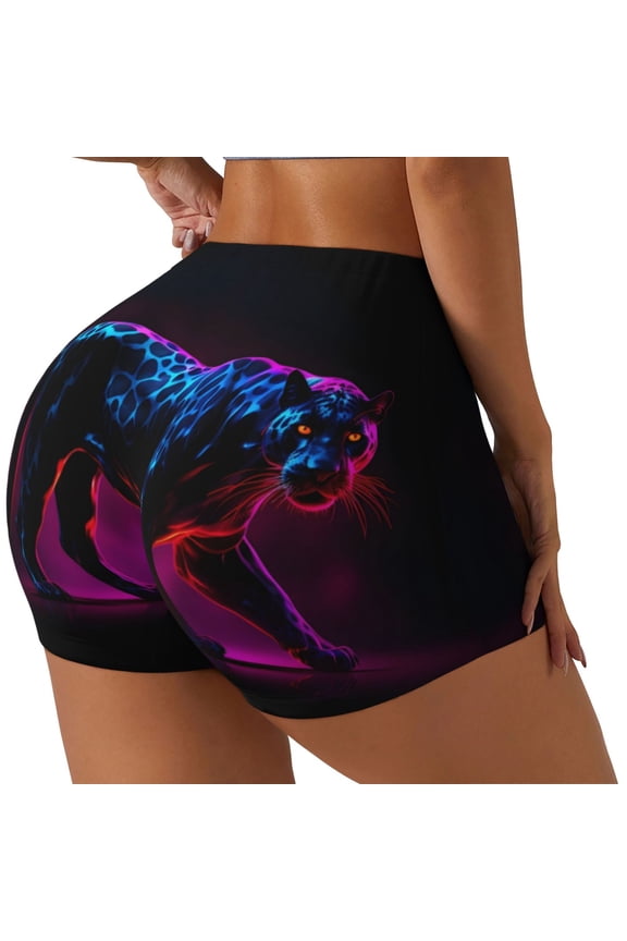 Futuristic Purple Panther A、 Print Women's Biker Shorts,Workout Gym Shorts,Scrunch Shorts,Tummy Control Hidden Scrunch Running Yoga Shorts-XX-Large