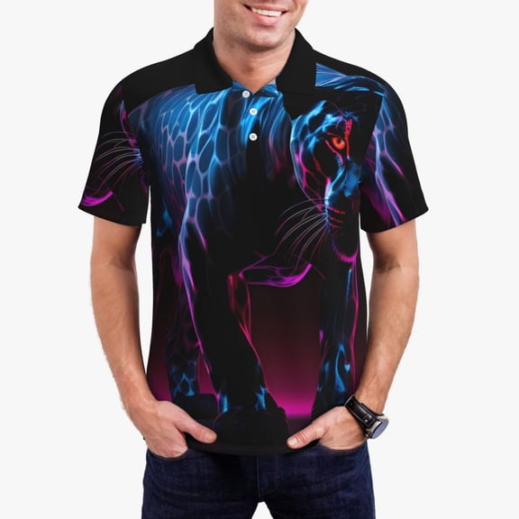 Logiee Futuristic Purple Panther Print Mens Polo Shirts,Mens Golf Polo Shirts,Short Sleeve Casual Polo Shirts for Men,Summer Fashion Beach Shirts-Small