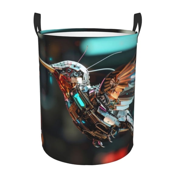 Logiee Futuristic Robot Hummingbird Print Laundry Hamper,Dirty Clothes Hamper Storage Basket for Bathroom Bedrooms College Dorm, Circular Hamper with Handles,Collapsible Laundry Baskets-Small