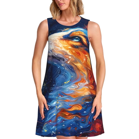 Logiee Galactic Dog Swirls Art Print Summer Dresses for Women,Beach Sleeveless Flowy Pocket Tshirt Tank Sundresses,Women's Sleeveless Dress