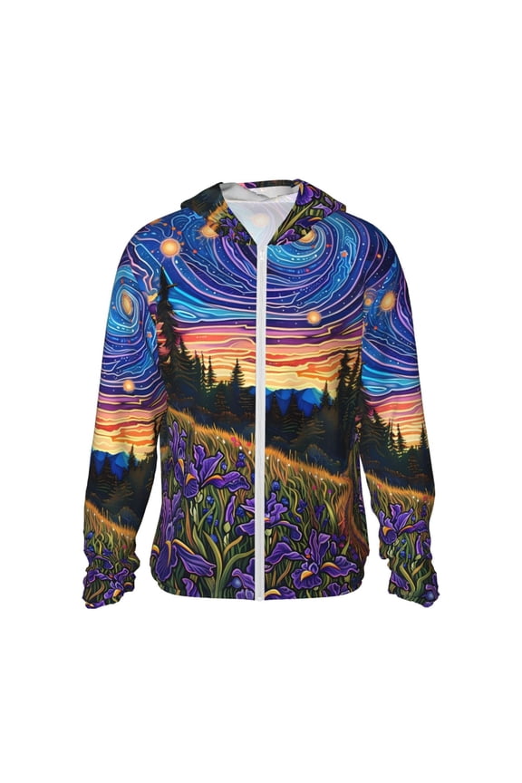 Galactic Night Over Meadow Print Men's Women Light Jacket Full Zip Sun Protection Hoodie Long Sleeve Sun Shirts for Men Hiking Fishing Zip Pockets-Medium