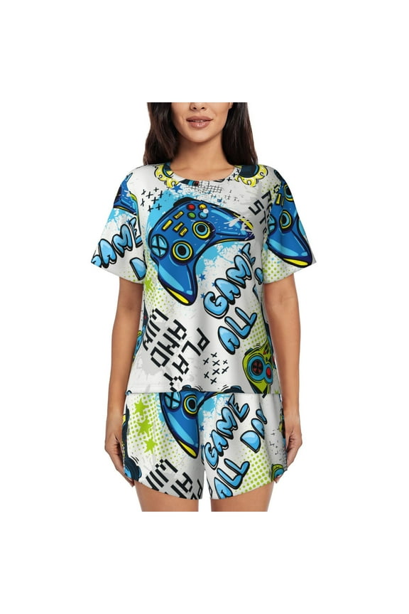 Game All Day Print Womens Pajamas Set,Short-Sleeve Pajama 2 Piece Sleepwear with Pockets-Medium