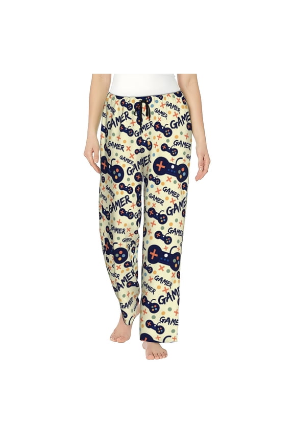 Game Controller Print Women Pajama Pants,Comfy Pj Bottom with Pockets & Drawstring,Stretch Casual Sleepwear-Medium