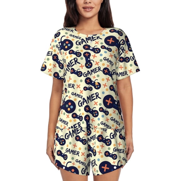 Logiee Game Controller Print Womens Pajamas Set,Short-Sleeve Pajama 2 Piece Sleepwear with Pockets-Medium