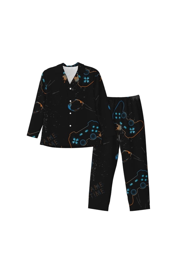 Game Time Print Mens Long Sleeve Pajama Set,Notched Collar Pajamas for Men, Men's Sleepwear,Mens Sleepwear with Pockets & Button Down-Large