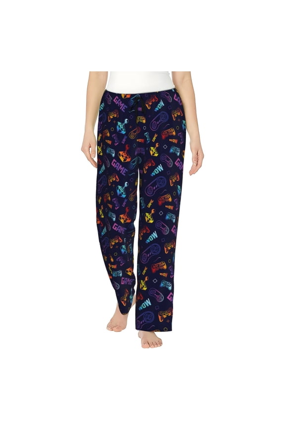 Games Print Women Pajama Pants,Comfy Pj Bottom with Pockets & Drawstring,Stretch Casual Sleepwear-Medium