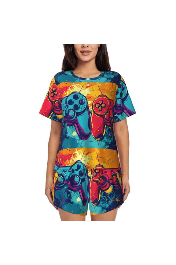 Gaming Print Womens Pajamas Set,Short-Sleeve Pajama 2 Piece Sleepwear with Pockets-Large