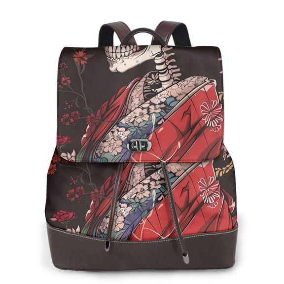 Logiee Geisha Skeleton With Flowers Print Backpack Purse for Women,Fashion Leather Backpack Purse,Women's Leather Backpack for Work College Travel