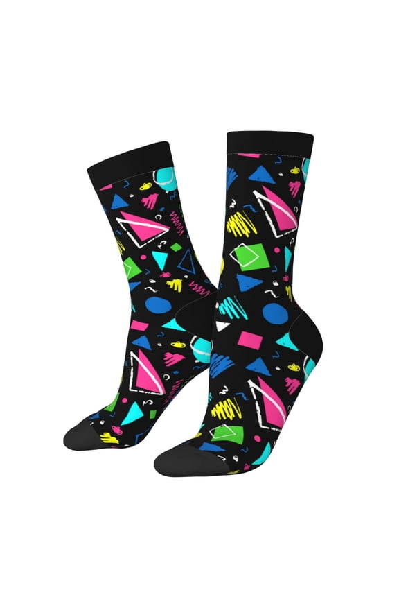 Geometric 1980s Styled Print Adult Socks for Men & Women,Calf Socks, Ankle Socks,Boots Socks,Breathable Casual Sock,Unisex Crew Socks