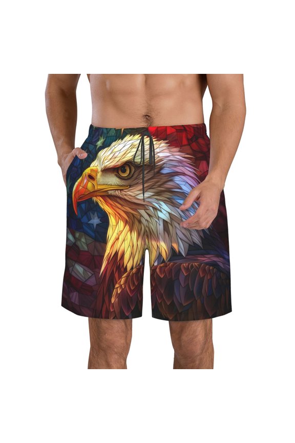 Geometric American Bald Eagle Print Mens Swim Trunks Quick Dry Board Shorts,Breathable Hawaii Beach Shorts Swimwear Bathing Suits-Small
