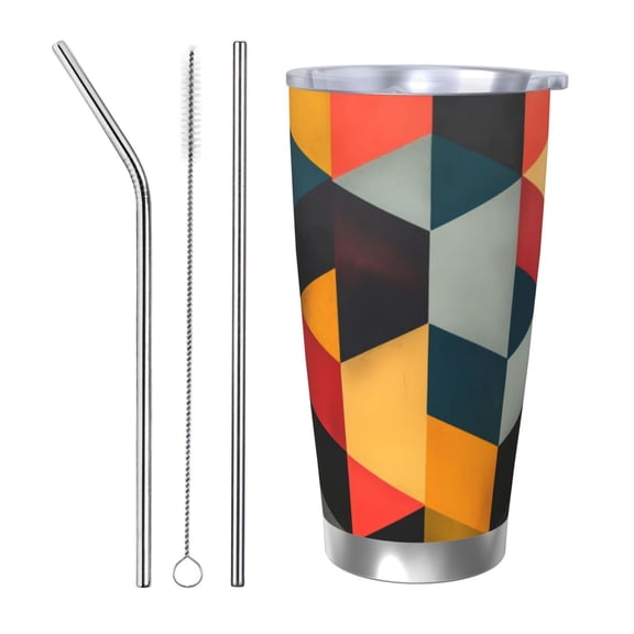 Logiee Geometric Cube Pattern Art Print 20OZ Car Cup with Lid, Stainless Steel Vacuum Insulated Double Wall Travel Tumbler, Durable Insulated Coffee Mug,Thermal Cup with Straw-Straw Three-piece Set