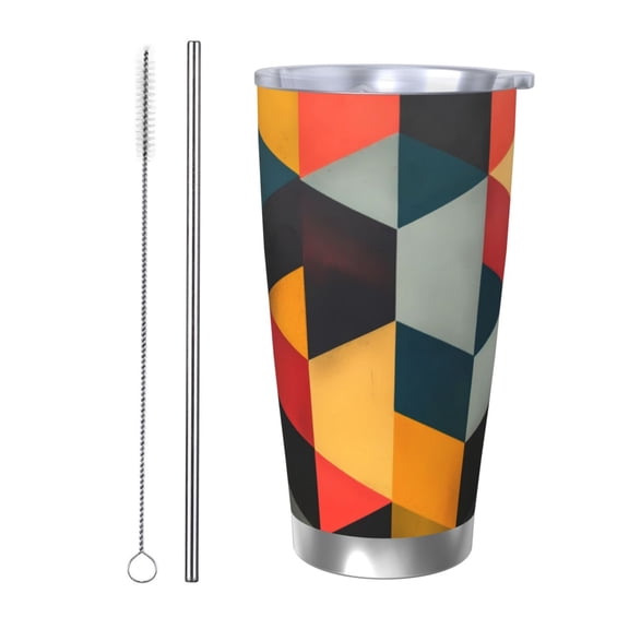 Logiee Geometric Cube Pattern Art Print 20OZ Car Cup with Lid, Stainless Steel Vacuum Insulated Double Wall Travel Tumbler, Durable Insulated Coffee Mug,Thermal Cup with Straw-Straw Two-piece Set