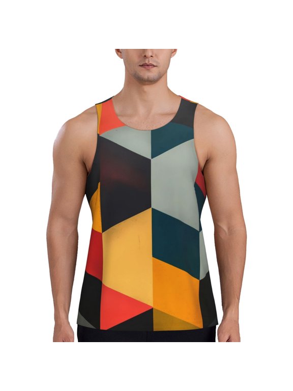 Geometric Cube Pattern Art Print Men's Workout Tank Top,Quick Dry Workout Tank Top,Gym Muscle Tee,Fitness Bodybuilding Sleeveless T Shirt-Medium