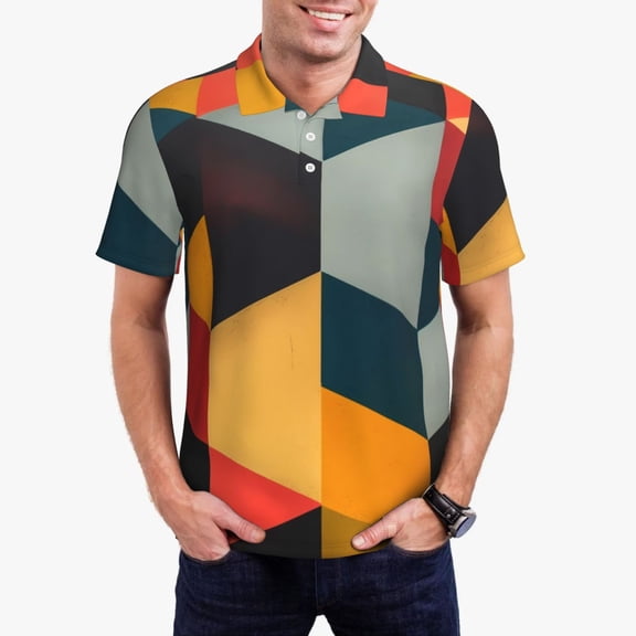 Logiee Geometric Cube Pattern Art Print Mens Polo Shirts,Mens Golf Polo Shirts,Short Sleeve Casual Polo Shirts for Men,Summer Fashion Beach Shirts-Medium