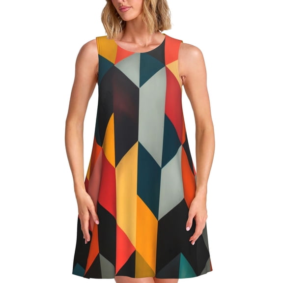 Logiee Geometric Cube Pattern Art Print Summer Dresses for Women,Beach Sleeveless Flowy Pocket Tshirt Tank Sundresses,Women's Sleeveless Dress