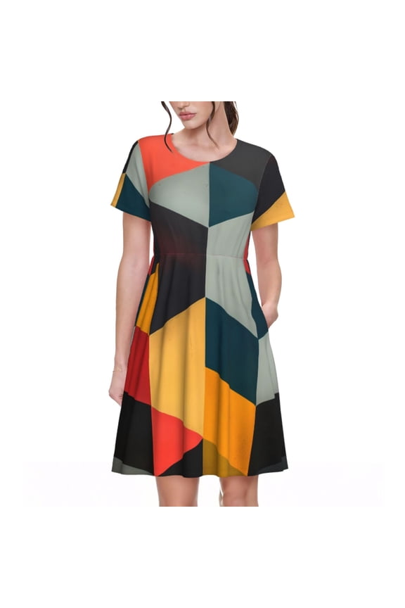 Geometric Cube Pattern Art Print Womens Summer Dress,Casual Short Sleeve Sundresses,Beach A-line Shift Dress with Pockets