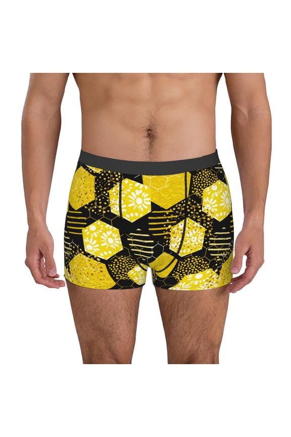 Geometric Pattern with Bee Print Mens Boxer Briefs,Boxer Briefs for Men,Breathable Stretch Underwear,Boys Boxer Briefs-XX-Large