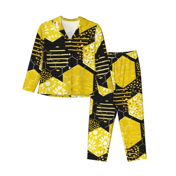 Logiee Geometric Pattern with Bee Print Womens Pajamas Set,Long Sleeve Sleepwear,Button Down Lounge Set 2 Pieces,Soft Nightwear Pjs Set-X-Large