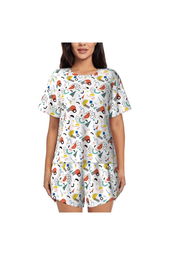 Geometric Retro Print Womens Pajamas Set,Short-Sleeve Pajama 2 Piece Sleepwear with Pockets-Large