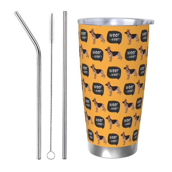 Logiee German Shepherd Woof Print 20OZ Car Cup with Lid, Stainless Steel Vacuum Insulated Double Wall Travel Tumbler, Durable Insulated Coffee Mug,Thermal Cup with Straw-Straw Three-piece Set
