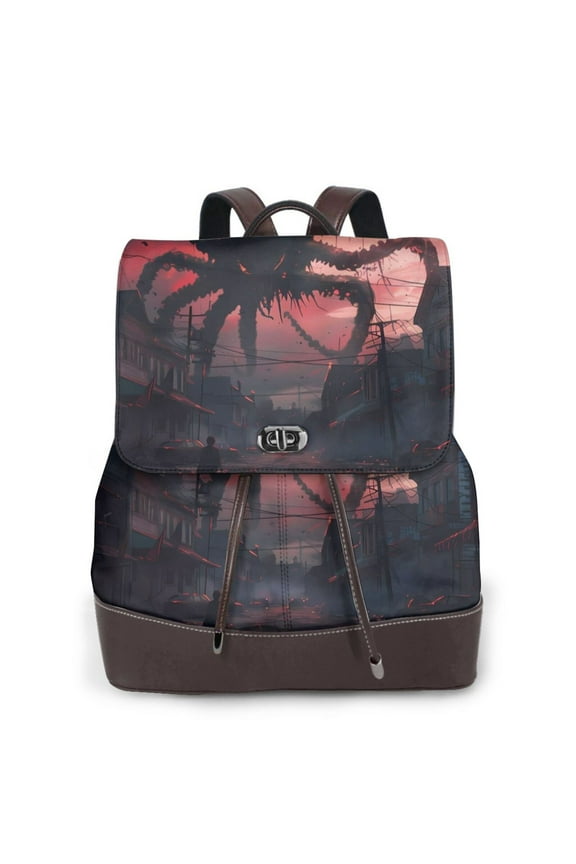 Giant Monster Over City Print Women's Leather Backpack,Travel Laptop Backpack,Fashion Ladies Leather Backpack Bag for Travel,Leather Drawstring Daypack for Me