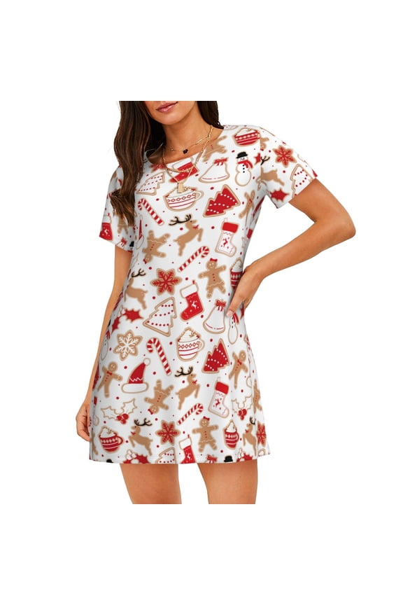 Gingerbread Holiday Sweets Print Nightgowns for Women,Soft Short-Sleeved Lightweight Sleepwear, Loose Sleepshirts
