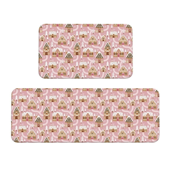 Logiee Gingerbread Houses Pink Wonderland Print Kitchen Mats for Floor Sets of 2,Waterproof Kitchen Rugs,Non Slip Comfort Standing Mat Rug for Home,Runner,Sink,Office,Laundry