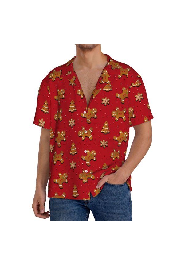 Gingerbread Man Print Men's Button Down Shirts Short Sleeve, Summer Beach Shirts,Vacation Wedding Shirts,Men's Casual Button-Down Shirts with Pocket-Small