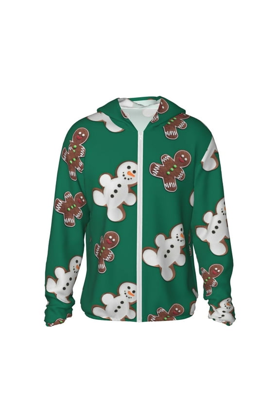 Gingerbread Snowman Cookies Print Men's Women Light Jacket Full Zip Sun Protection Hoodie Long Sleeve Sun Shirts for Men Hiking Fishing Zip Pockets-Medium