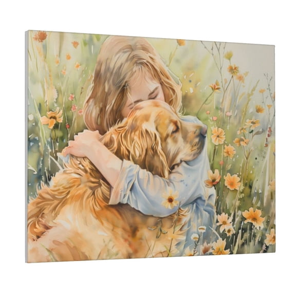 Logiee Girl Hugging Dog Flowers Print Canvas Wall Art ,Art Poster,Canvas Decorative Picture,Decor Wall Pictures for Living Room Bedroom Bathroom,Ready to Hang