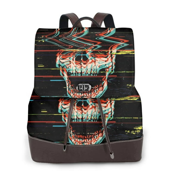 Gaeub Glitch Screaming Skull Print Women's Leather Backpack,Travel Laptop Backpack,Fashion Ladies Leather Backpack Bag for Travel,Leather Drawstring Daypack for Me