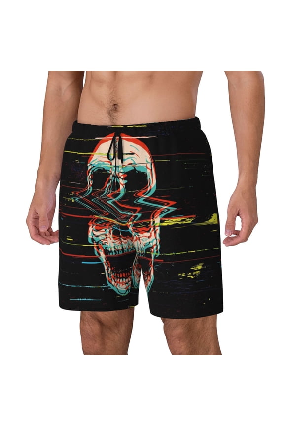 Glitch Screaming Skull Print Men's Swim Trunk,Quick Dry Board Shorts ,Men's Swim Trunks with Compression Liner, Bathing Suits with Pockets-X-Large