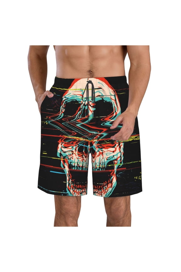 Glitch Screaming Skull Print Mens Swim Trunks Quick Dry Board Shorts,Breathable Hawaii Beach Shorts Swimwear Bathing Suits-Medium