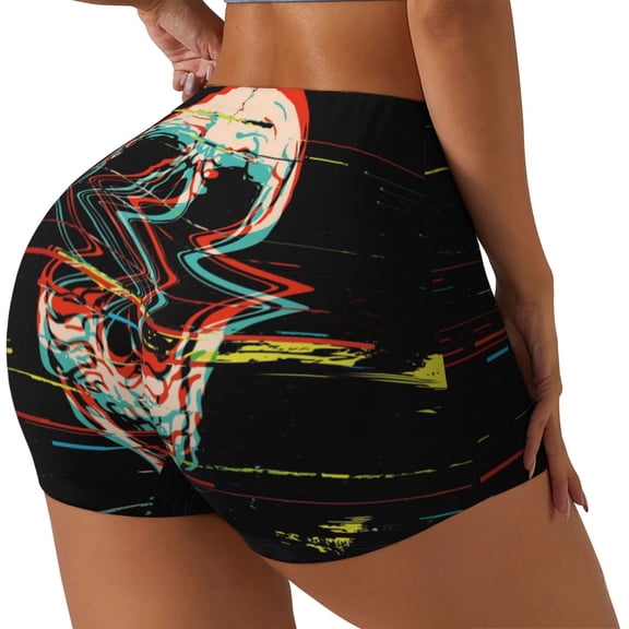Logiee Glitch Screaming Skull Print Women's Biker Shorts,Workout Gym Shorts,Scrunch Shorts,Tummy Control Hidden Scrunch Running Yoga Shorts-XX-Large