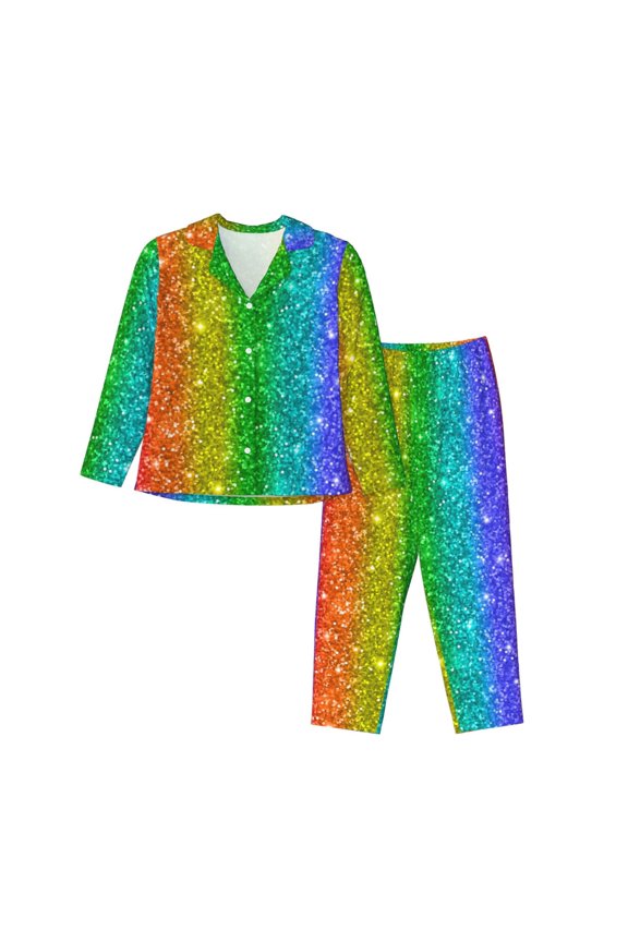 Glitter Rainbow Print Womens Pajamas Set,Long Sleeve Sleepwear,Button Down Lounge Set 2 Pieces,Soft Nightwear Pjs Set-X-Large