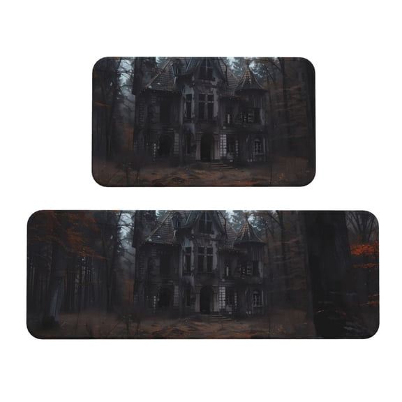 Logiee Gloomy Mansion Forest Scene Print Kitchen Mats for Floor Sets of 2,Waterproof Kitchen Rugs,Non Slip Comfort Standing Mat Rug for Home,Runner,Sink,Office,Laundry