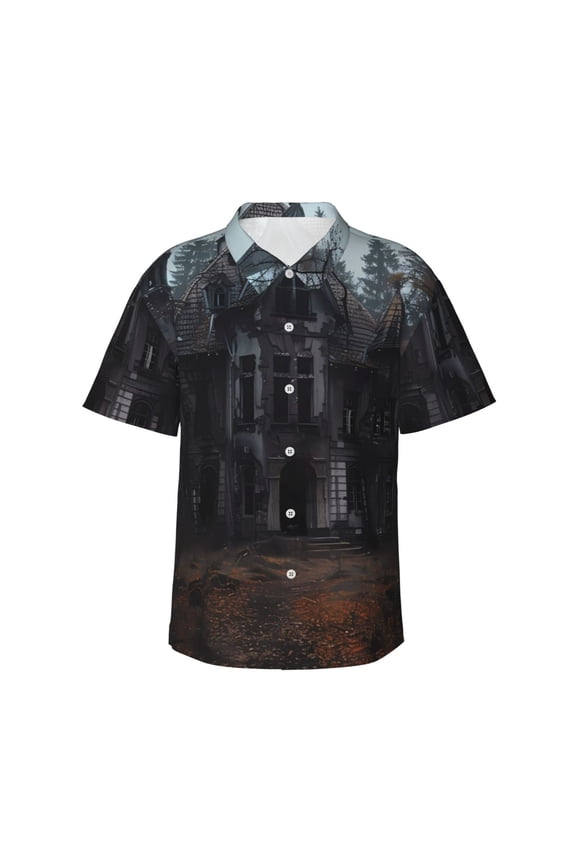 Gloomy Mansion Forest Scene Print Mens Hawaiian Shirts,Loose-Fit Short Sleeve Button Down Tropical Aloha Beach Shirt,Summer Vacation Wedding Tops,Small
