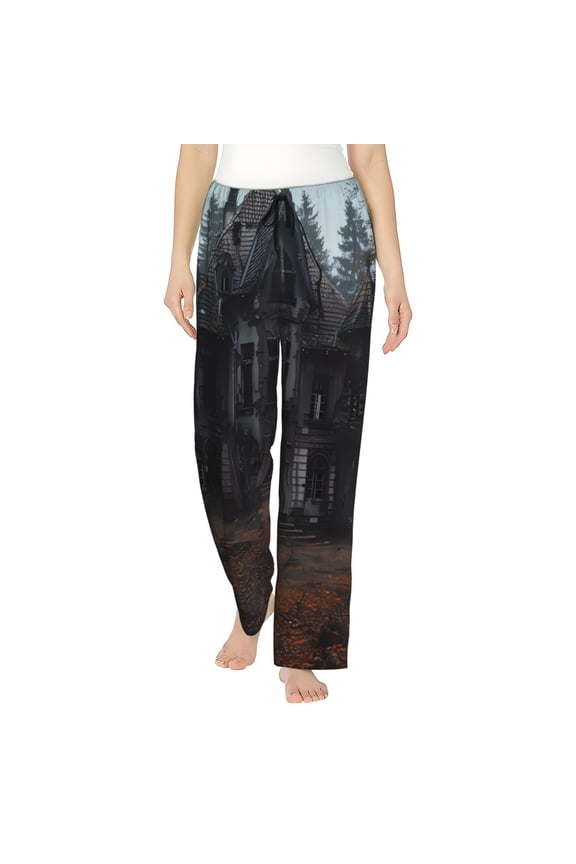 Gloomy Mansion Forest Scene Print Women Pajama Pants,Comfy Pj Bottom with Pockets & Drawstring,Stretch Casual Sleepwear-XX-Large