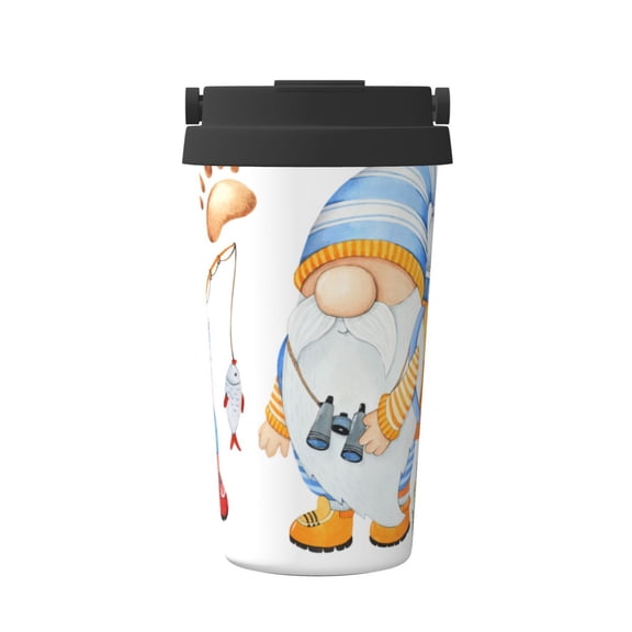 Logiee Gnome Camping Fishing Print Stainless Steel Coffee Tumbler, Travel Coffee Mug, Insulated Coffee Mug with Lid, Spill Proof Coffee Cup, Portable Thermal Mug