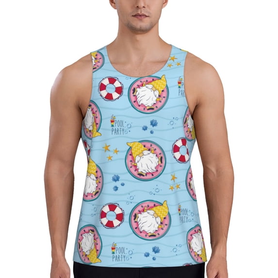 Logiee Gnome On A Watermelon Mattress In The Pool Print Men's Workout Tank Top,Quick Dry Workout Tank Top,Gym Muscle Tee,Fitness Bodybuilding Sleeveless T Shirt-4X-Large