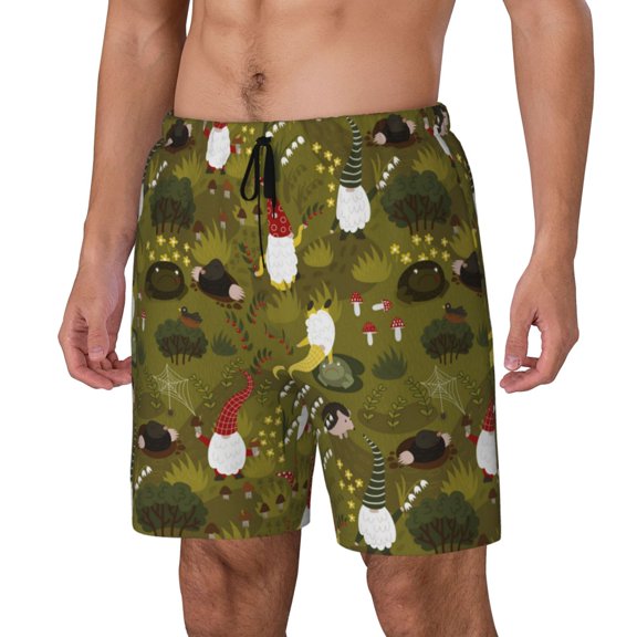 Logiee Gnomes Playing in the Garden Print Men's Swim Trunk,Quick Dry Board Shorts ,Men's Swim Trunks with Compression Liner, Bathing Suits with Pockets-Small
