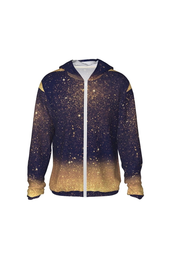 Gold Black Glitter Print Men's Women Light Jacket Full Zip Sun Protection Hoodie Long Sleeve Sun Shirts for Men Hiking Fishing Zip Pockets-