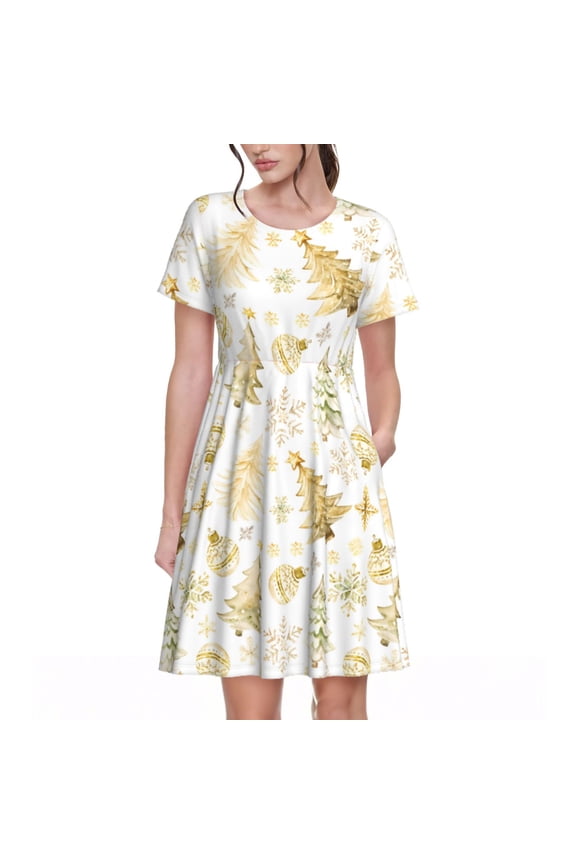 Gold Christmas Tree Print Womens Summer Dress,Casual Short Sleeve Sundresses,Beach A-line Shift Dress with Pockets