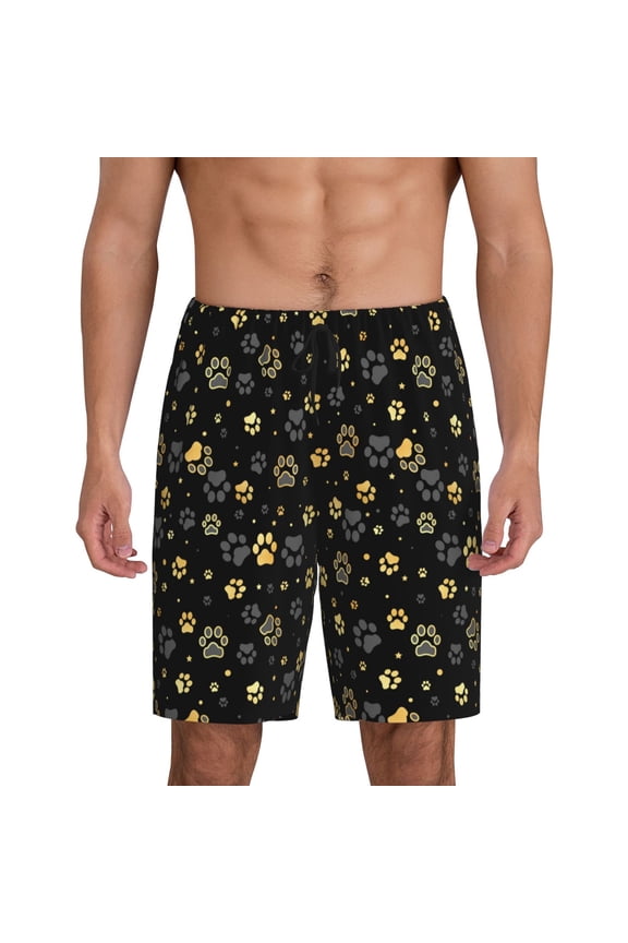 Gold Dog Paw Print Men's Pajama Shorts with Drawstring & Pockets,Sleep Shorts for Men,Sleepwear Bottoms,Elastic Waistband Loungewear-Large
