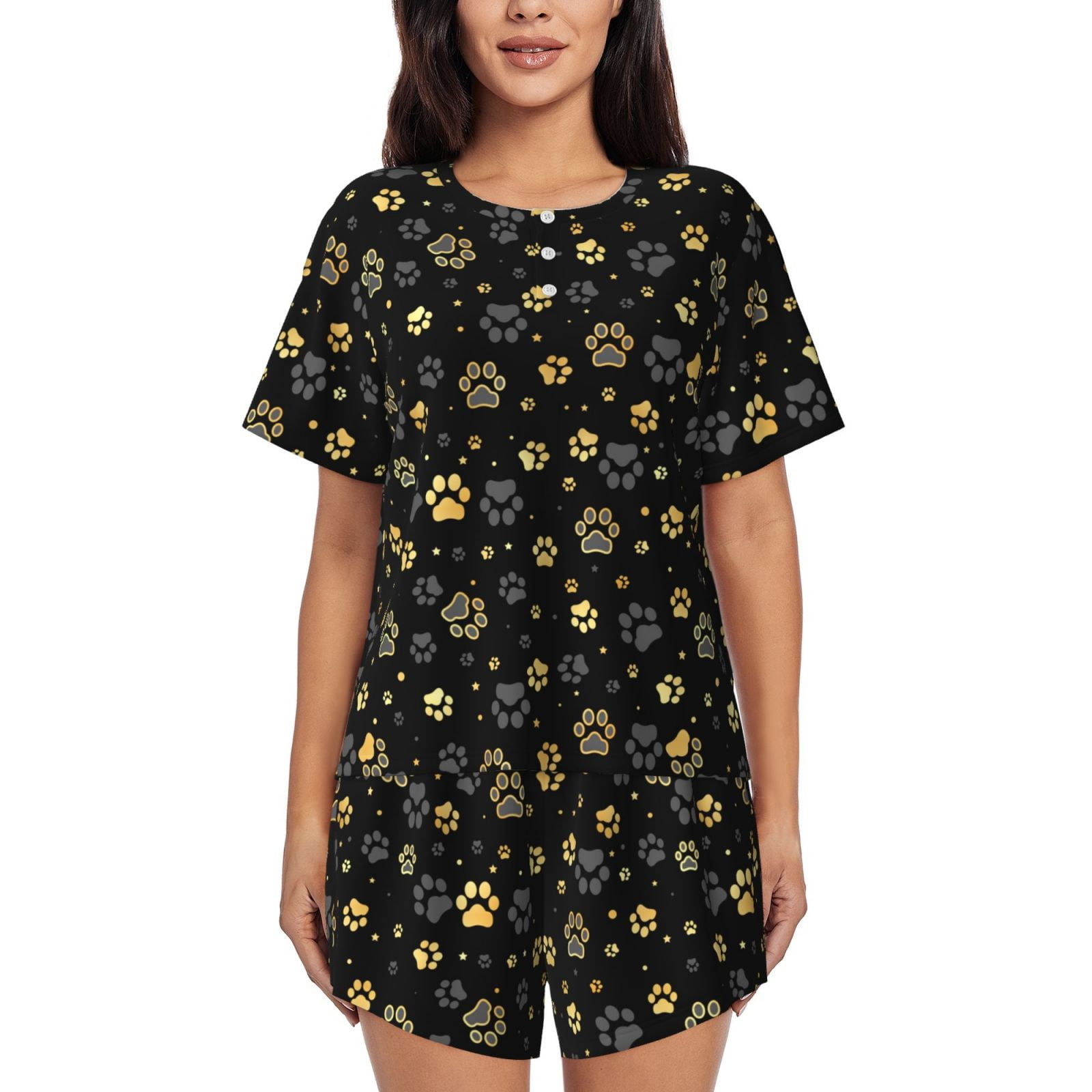 Logiee Gold Dog Paw Print Womens Pajamas Set,Short-Sleeve Pajama 2 ...