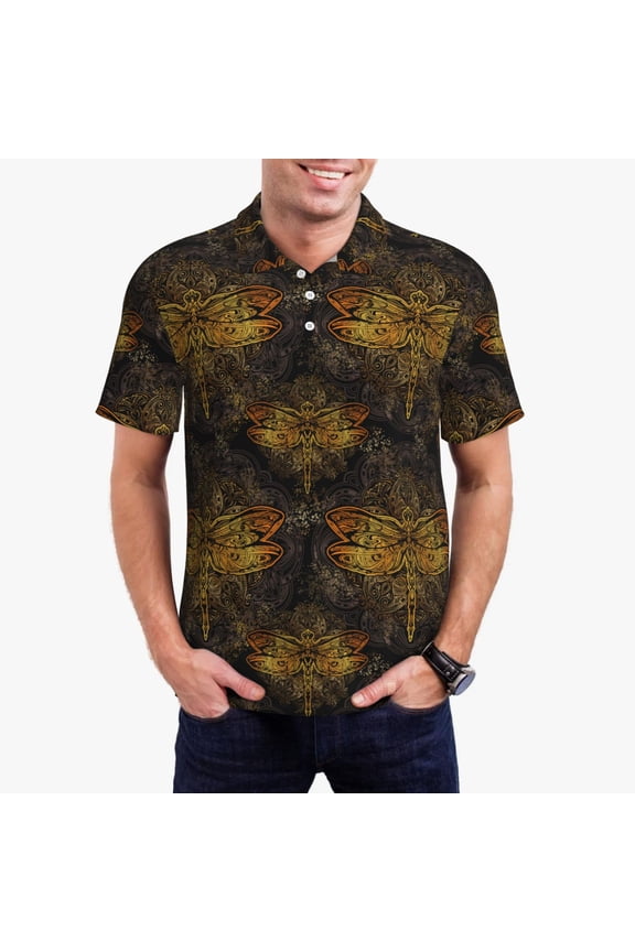 Gold Dragonfly Mandala Print Mens Polo Shirts,Mens Golf Polo Shirts,Short Sleeve Casual Polo Shirts for Men,Summer Fashion Beach Shirts-Small