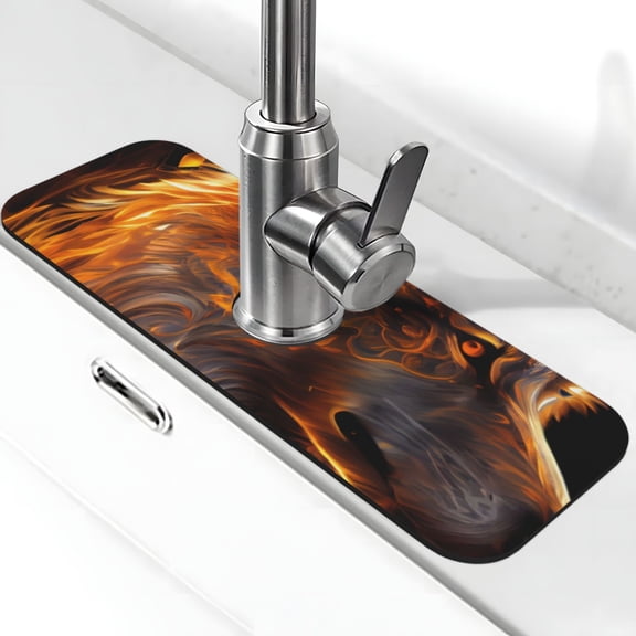 Logiee Gold Flame Pattern Wolf Print Kitchen Sink Splash Guard Faucet Mat for Splash Guard Behind Faucet Drip Catcher for Kitchen,Bathroom,Sink Mat,Dish Drying Mat,Bathroom-15" X 5.5"