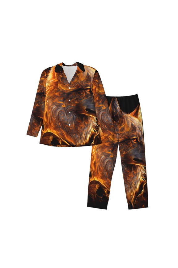 Gold Flame Pattern Wolf Print Mens Long Sleeve Pajama Set,Notched Collar Pajamas for Men, Men's Sleepwear,Mens Sleepwear with Pockets & Button Down-Medium